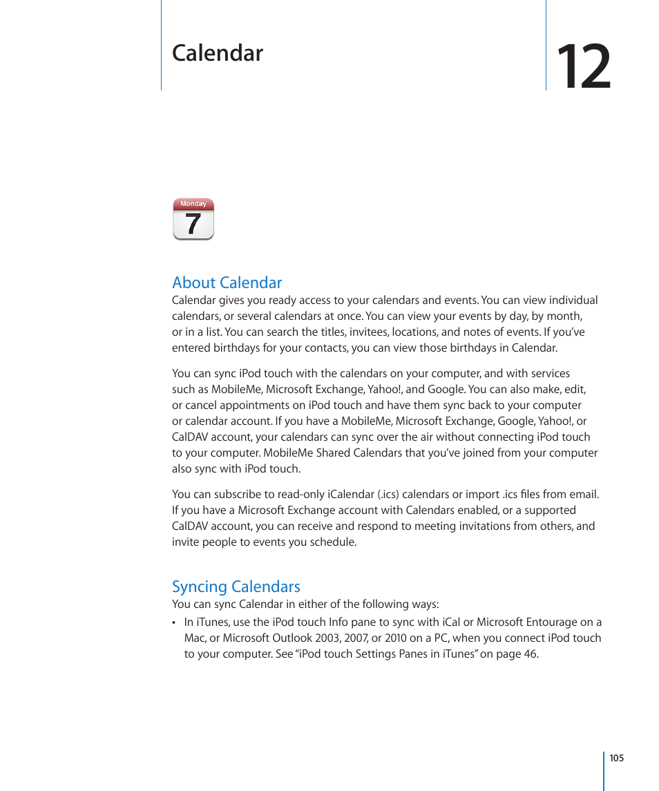 Chapter 12: calendar, About calendar, Syncing calendars | 105 about calendar 105 syncing calendars, Calendar | Apple iPod touch iOS 4.3 User Manual | Page 105 / 230