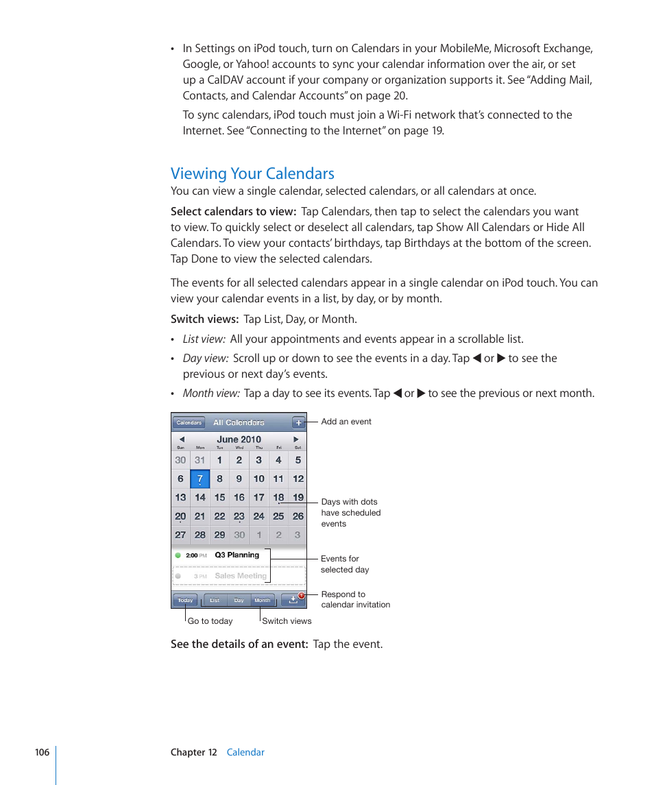 Viewing your calendars, 106 viewing your calendars | Apple iPod touch iOS 4.3 User Manual | Page 106 / 230
