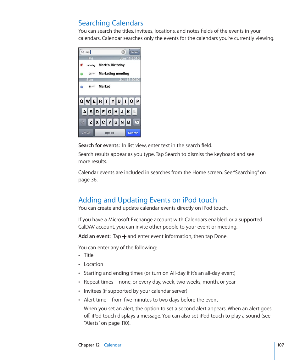 Searching calendars, Adding and updating events on ipod touch | Apple iPod touch iOS 4.3 User Manual | Page 107 / 230