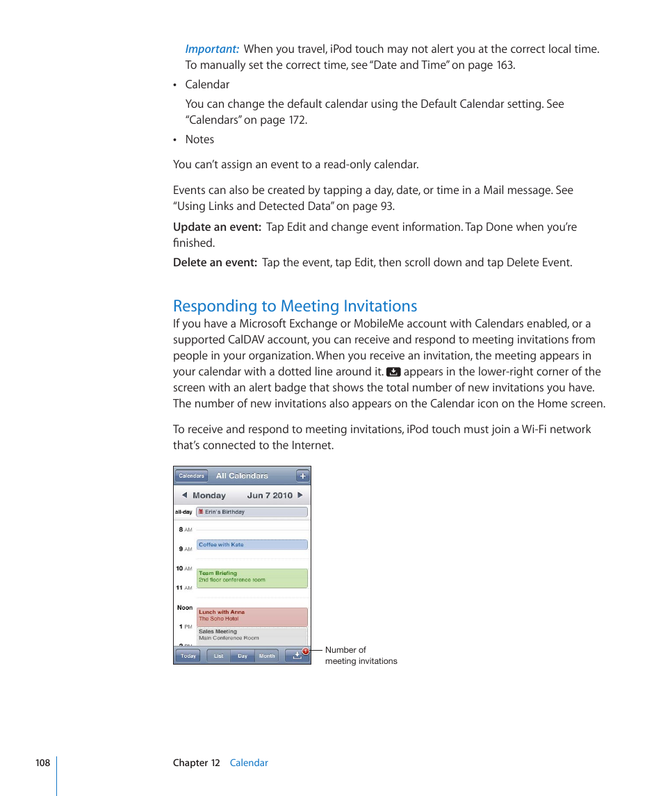 Responding to meeting invitations, 108 responding to meeting invitations | Apple iPod touch iOS 4.3 User Manual | Page 108 / 230