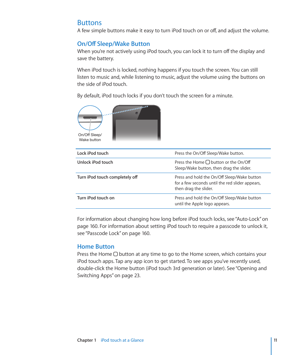Buttons, On/off sleep/wake button, Home button | Apple iPod touch iOS 4.3 User Manual | Page 11 / 230