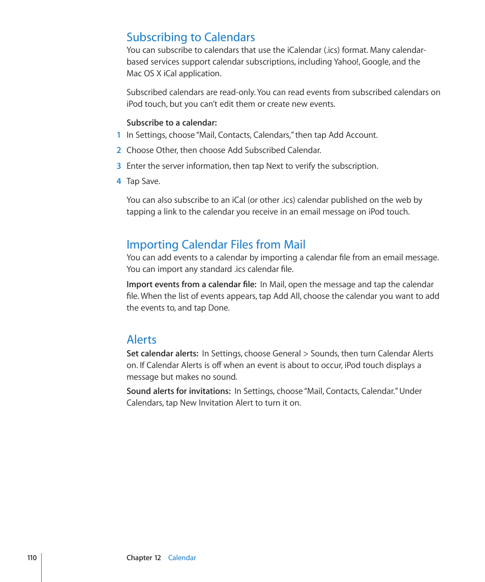 Subscribing to calendars, Importing calendar files from mail, Alerts | Apple iPod touch iOS 4.3 User Manual | Page 110 / 230