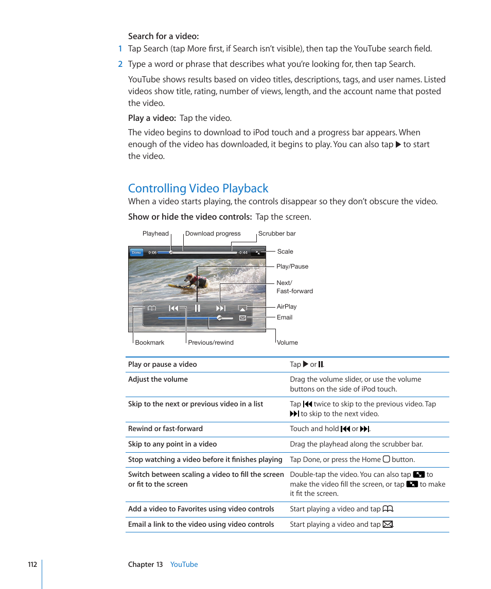 Controlling video playback, 112 controlling video playback | Apple iPod touch iOS 4.3 User Manual | Page 112 / 230