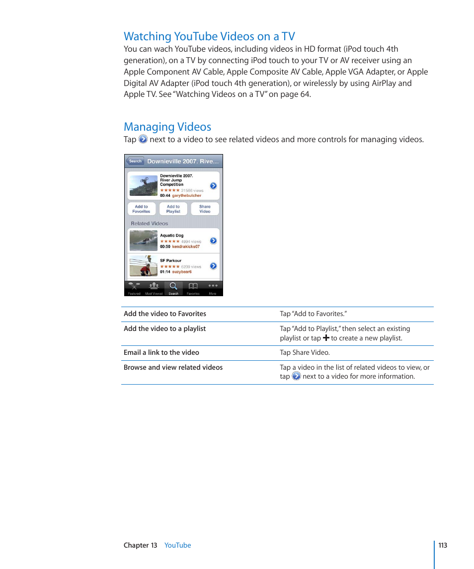 Watching youtube videos on a tv, Managing videos | Apple iPod touch iOS 4.3 User Manual | Page 113 / 230
