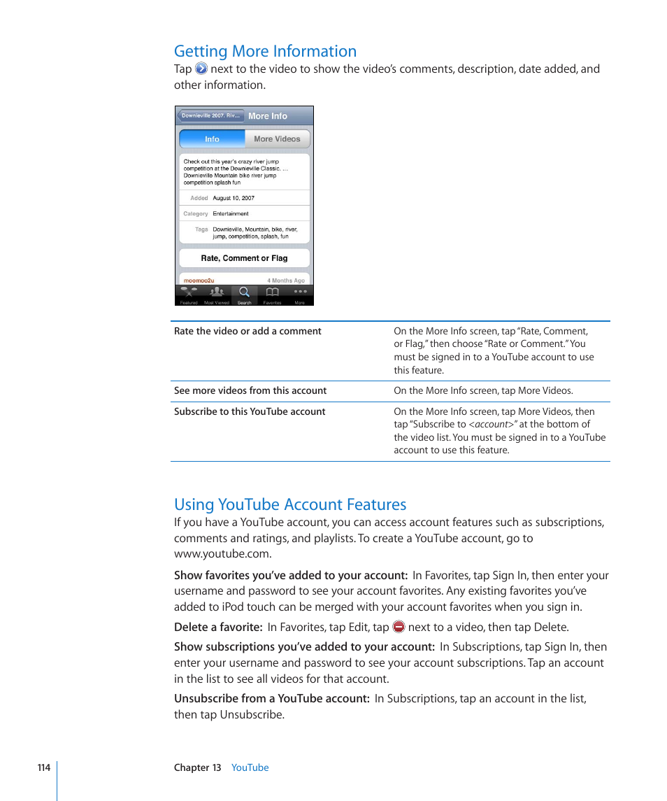 Getting more information, Using youtube account features | Apple iPod touch iOS 4.3 User Manual | Page 114 / 230