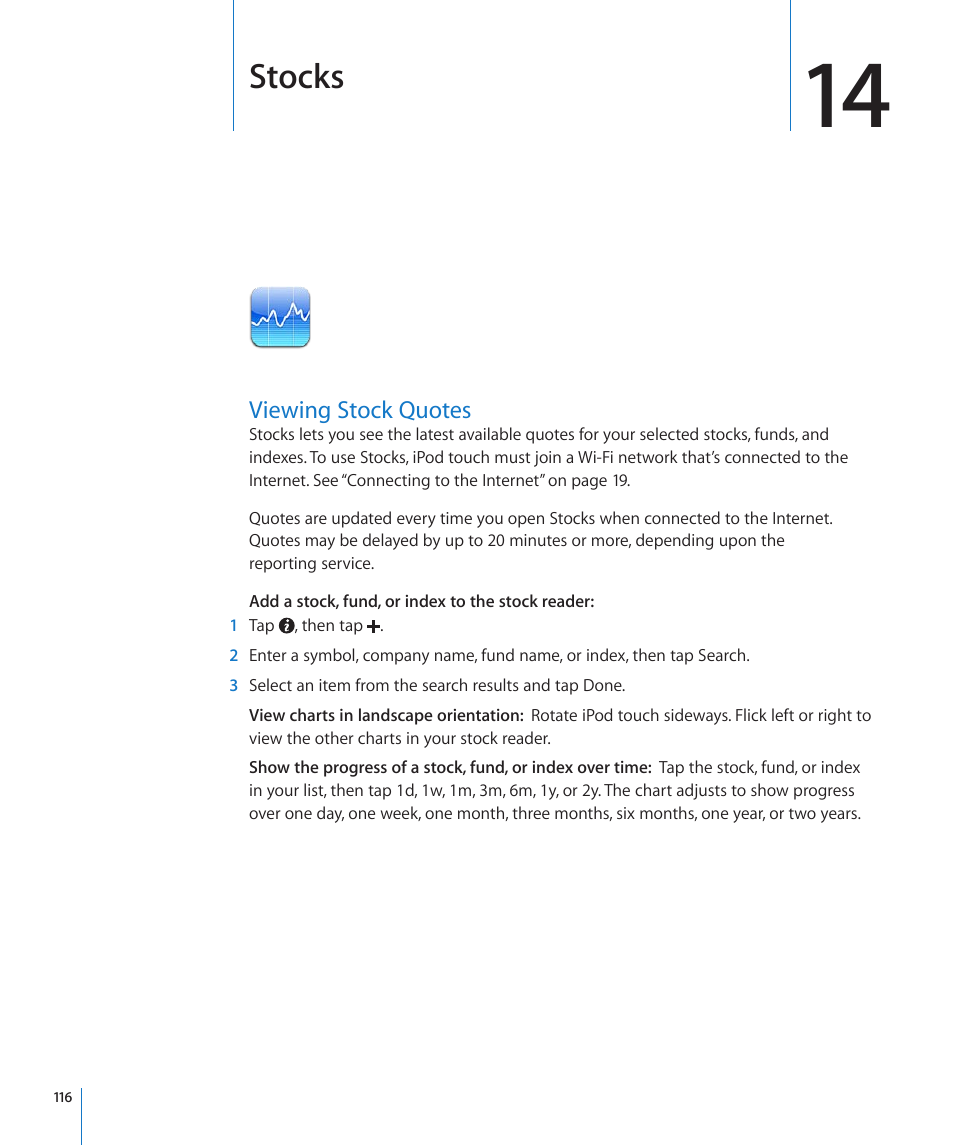 Chapter 14: stocks, Viewing stock quotes, 116 viewing stock quotes | Stocks | Apple iPod touch iOS 4.3 User Manual | Page 116 / 230