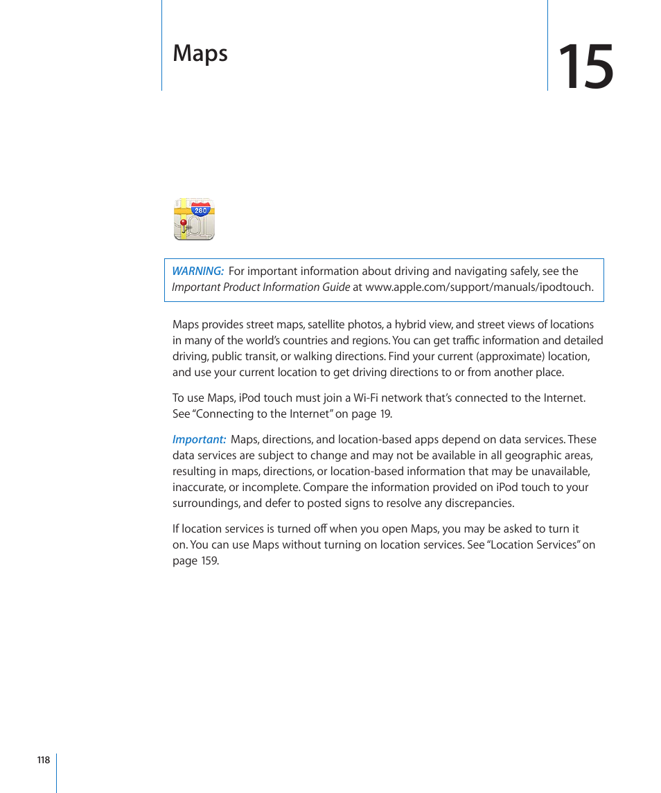 Chapter 15: maps, Maps | Apple iPod touch iOS 4.3 User Manual | Page 118 / 230