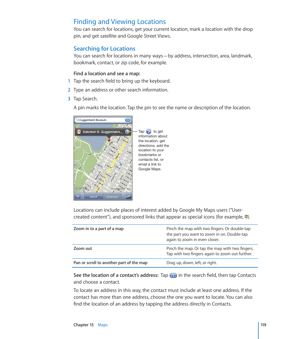 Finding and viewing locations, 119 finding and viewing locations, Searching for locations | Apple iPod touch iOS 4.3 User Manual | Page 119 / 230