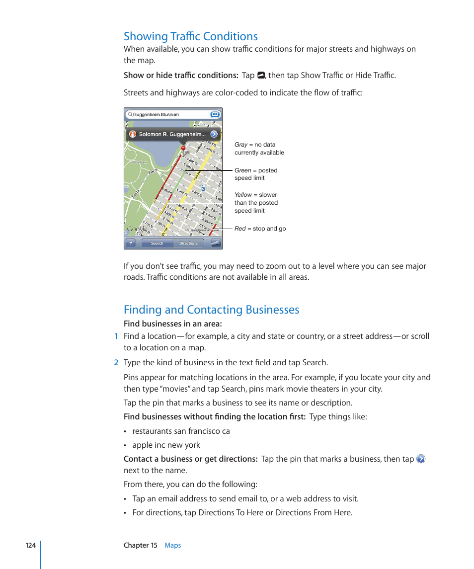Showing traffic conditions, Finding and contacting businesses | Apple iPod touch iOS 4.3 User Manual | Page 124 / 230
