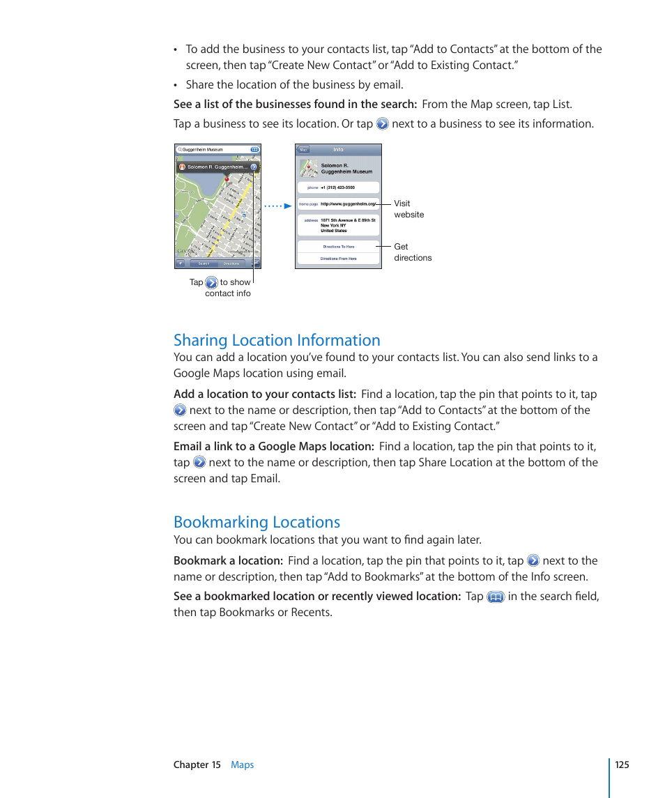 Sharing location information, Bookmarking locations | Apple iPod touch iOS 4.3 User Manual | Page 125 / 230