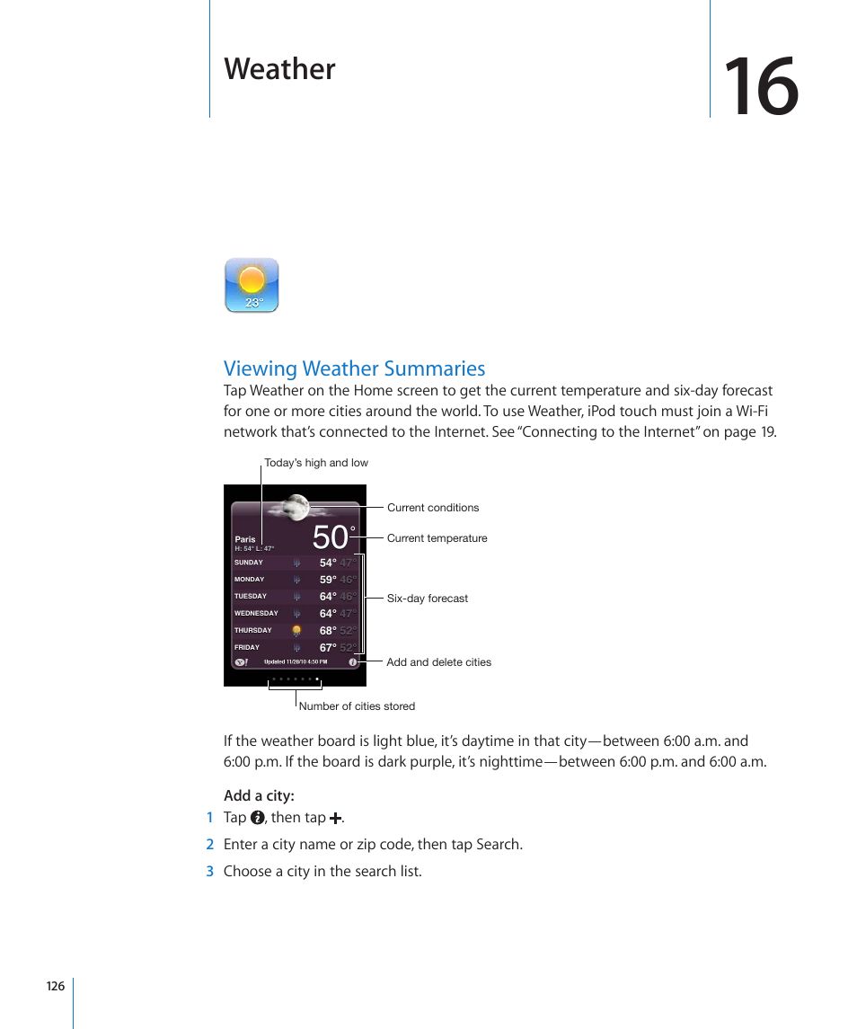 Chapter 16: weather, Viewing weather summaries, 126 viewing weather summaries | Weather | Apple iPod touch iOS 4.3 User Manual | Page 126 / 230