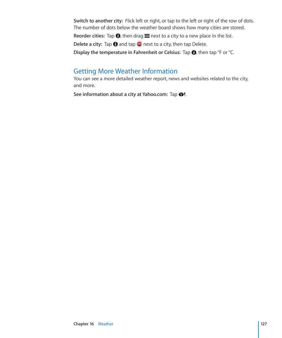 Getting more weather information, 127 getting more weather information | Apple iPod touch iOS 4.3 User Manual | Page 127 / 230