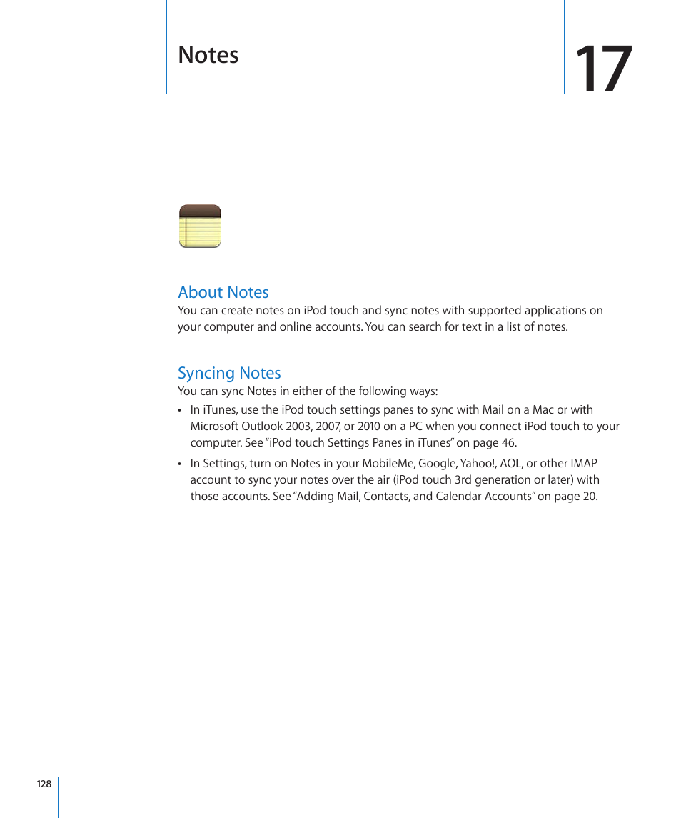 Chapter 17: notes, About notes, Syncing notes | 128 about notes 128 syncing notes, Notes | Apple iPod touch iOS 4.3 User Manual | Page 128 / 230