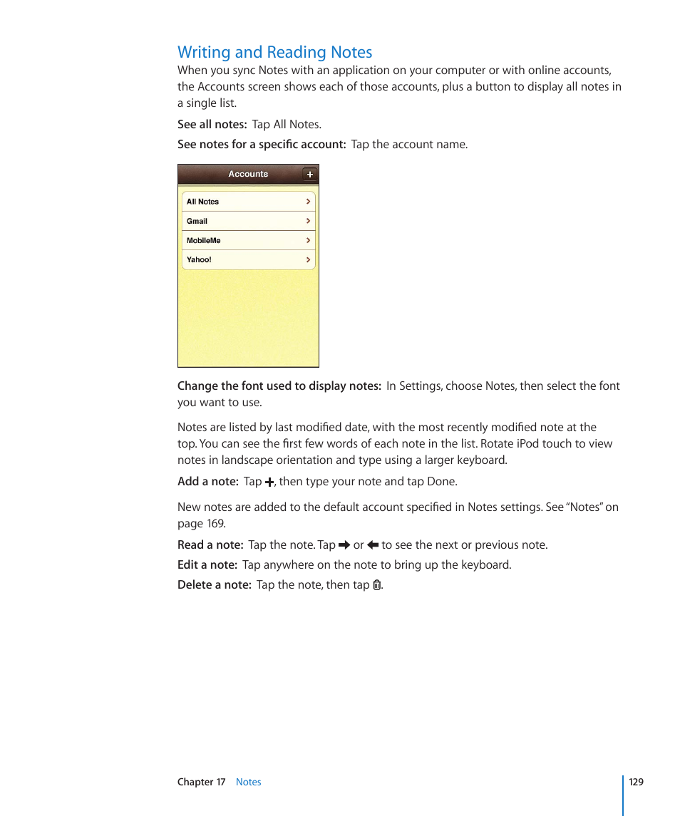 Writing and reading notes, 129 writing and reading notes | Apple iPod touch iOS 4.3 User Manual | Page 129 / 230