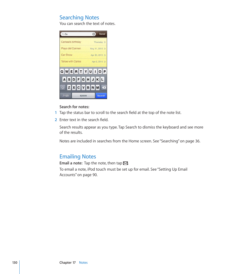 Searching notes, Emailing notes, 130 searching notes 130 emailing notes | Apple iPod touch iOS 4.3 User Manual | Page 130 / 230