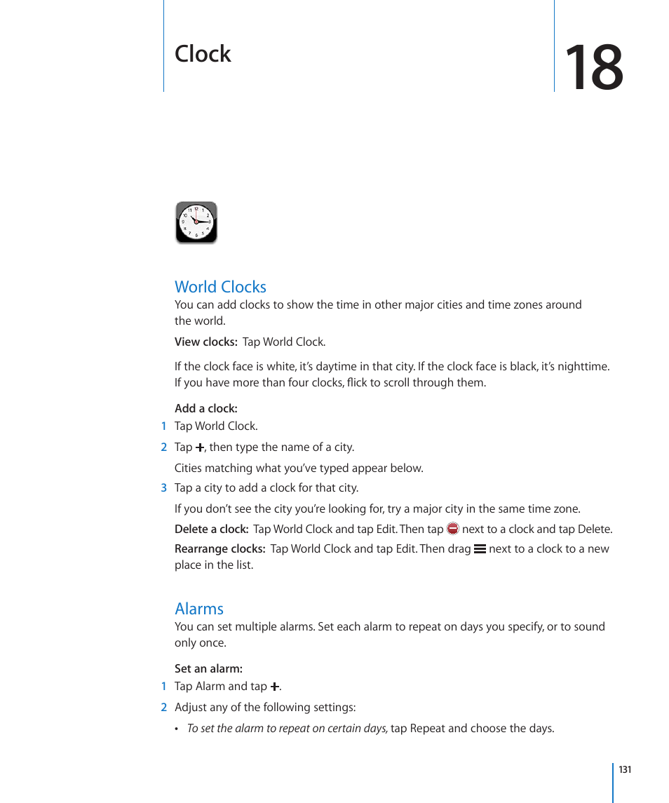 Chapter 18: clock, World clocks, Alarms | 131 world clocks 131 alarms, Clock | Apple iPod touch iOS 4.3 User Manual | Page 131 / 230