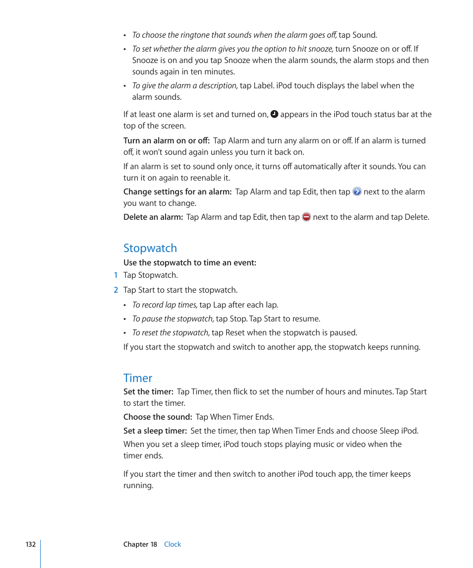 Stopwatch, Timer, 132 stopwatch 132 timer | Apple iPod touch iOS 4.3 User Manual | Page 132 / 230