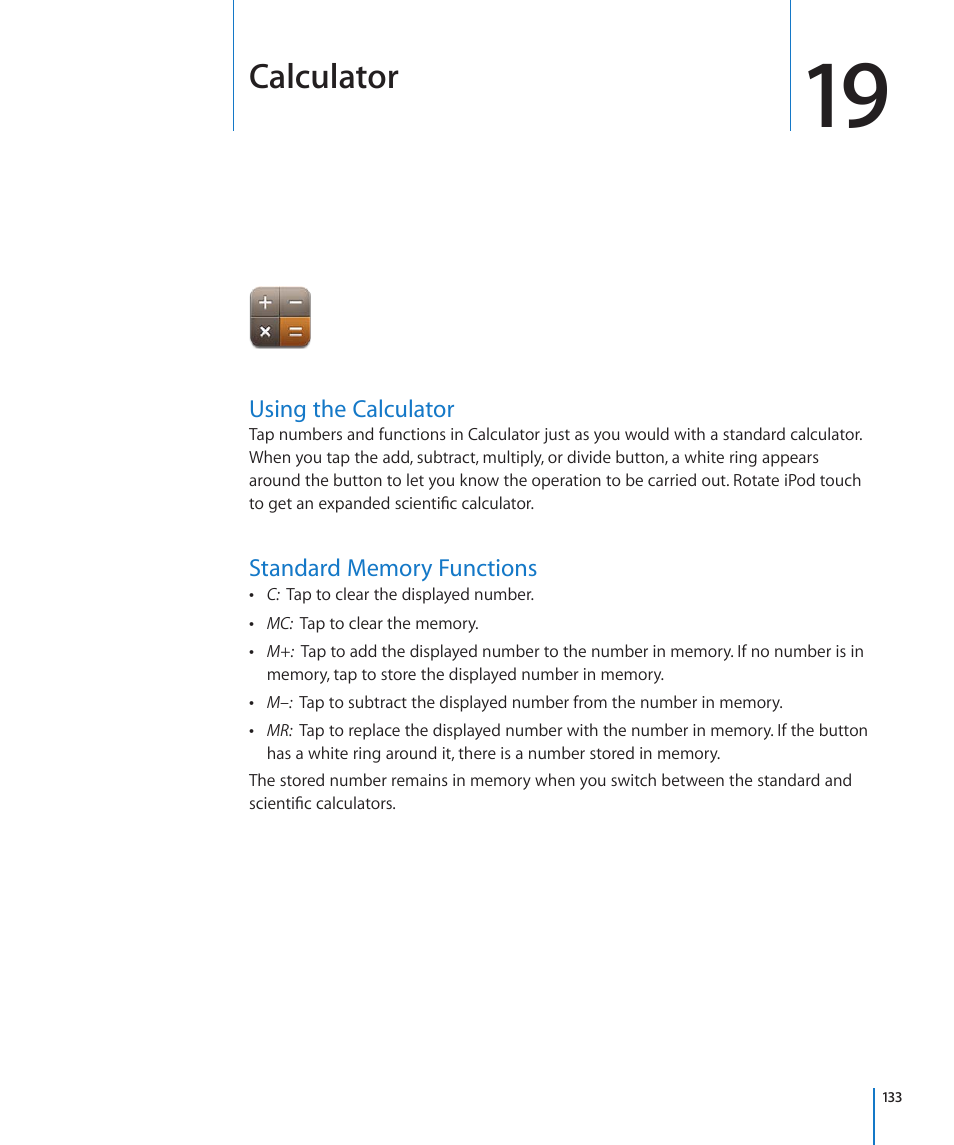 Chapter 19: calculator, Using the calculator, Standard memory functions | Calculator | Apple iPod touch iOS 4.3 User Manual | Page 133 / 230