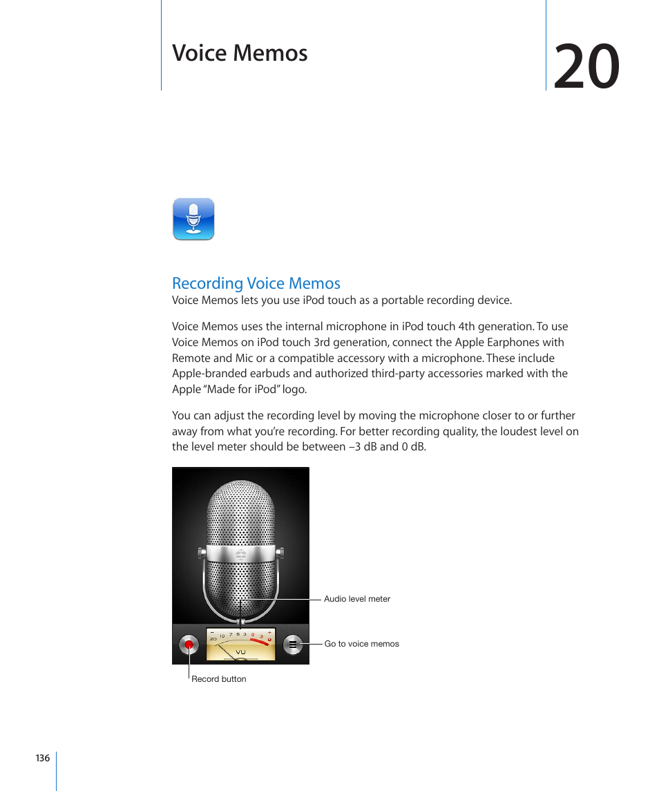 Chapter 20: voice memos, Recording voice memos, 136 recording voice memos | Voice memos | Apple iPod touch iOS 4.3 User Manual | Page 136 / 230