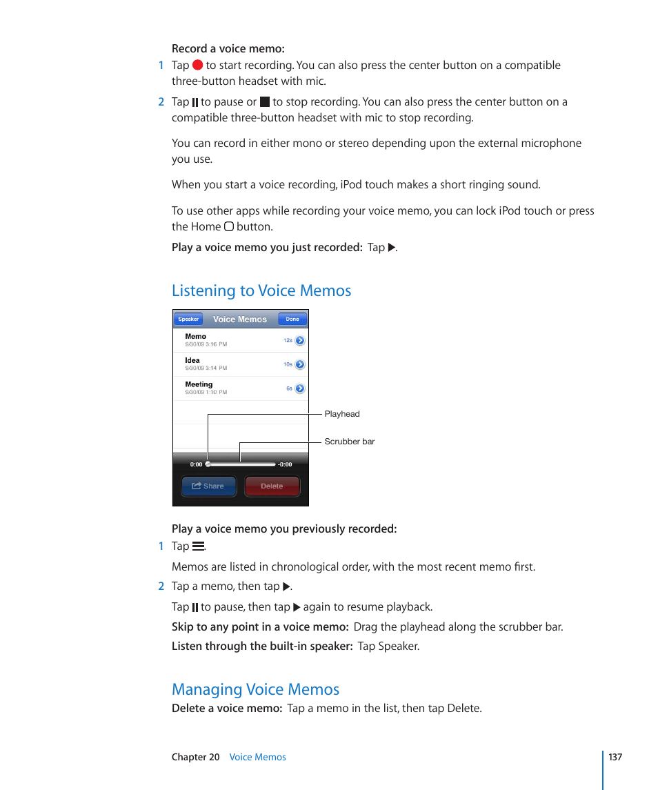 Listening to voice memos, Managing voice memos | Apple iPod touch iOS 4.3 User Manual | Page 137 / 230