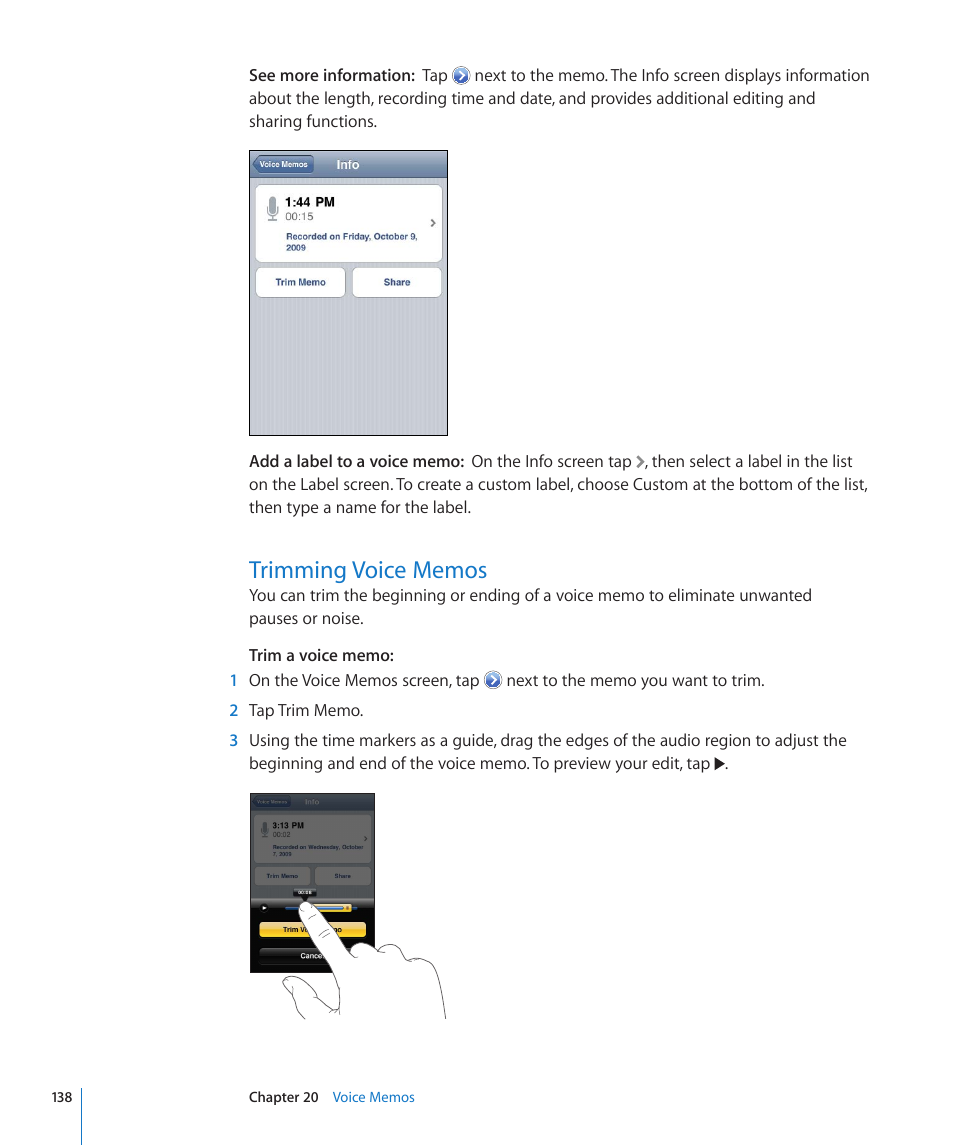 Trimming voice memos, 138 trimming voice memos | Apple iPod touch iOS 4.3 User Manual | Page 138 / 230