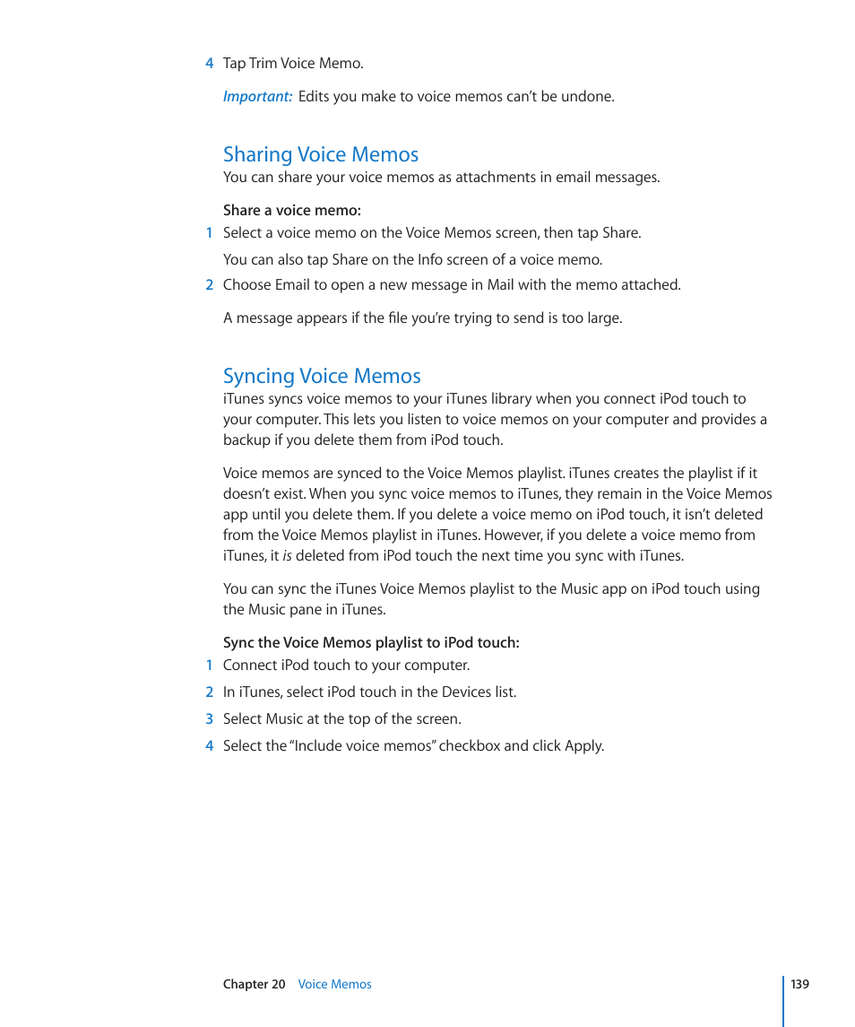 Sharing voice memos, Syncing voice memos, 139 sharing voice memos 139 syncing voice memos | Apple iPod touch iOS 4.3 User Manual | Page 139 / 230
