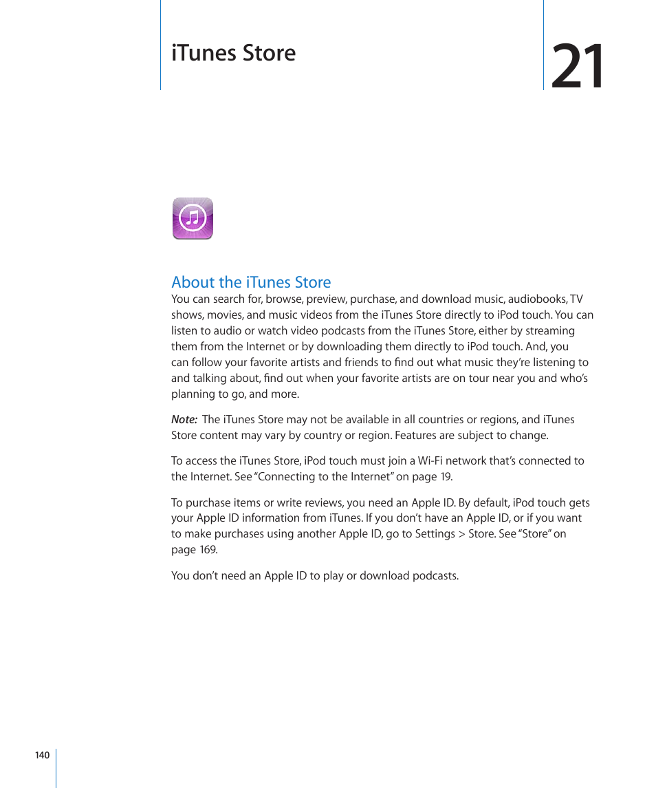 Chapter 21: itunes store, About the itunes store, 140 about the itunes store | Itunes store | Apple iPod touch iOS 4.3 User Manual | Page 140 / 230