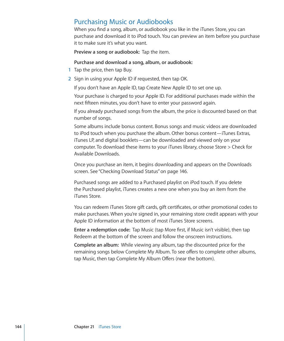 Purchasing music or audiobooks, 144 purchasing music or audiobooks | Apple iPod touch iOS 4.3 User Manual | Page 144 / 230