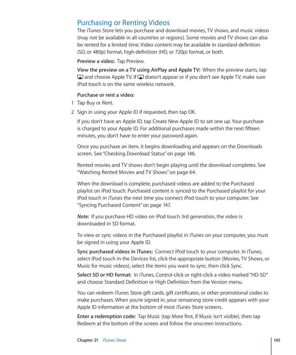 Purchasing or renting videos, 145 purchasing or renting videos | Apple iPod touch iOS 4.3 User Manual | Page 145 / 230