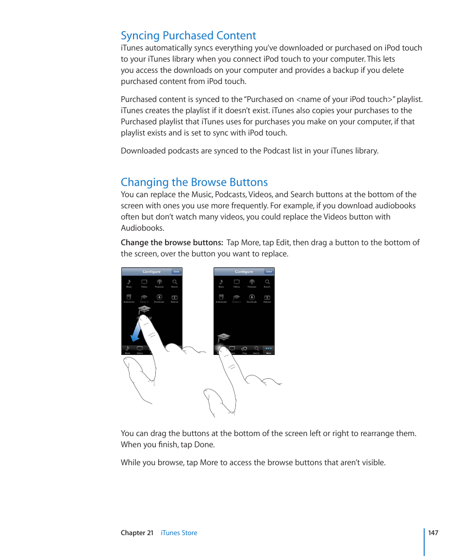 Syncing purchased content, Changing the browse buttons | Apple iPod touch iOS 4.3 User Manual | Page 147 / 230