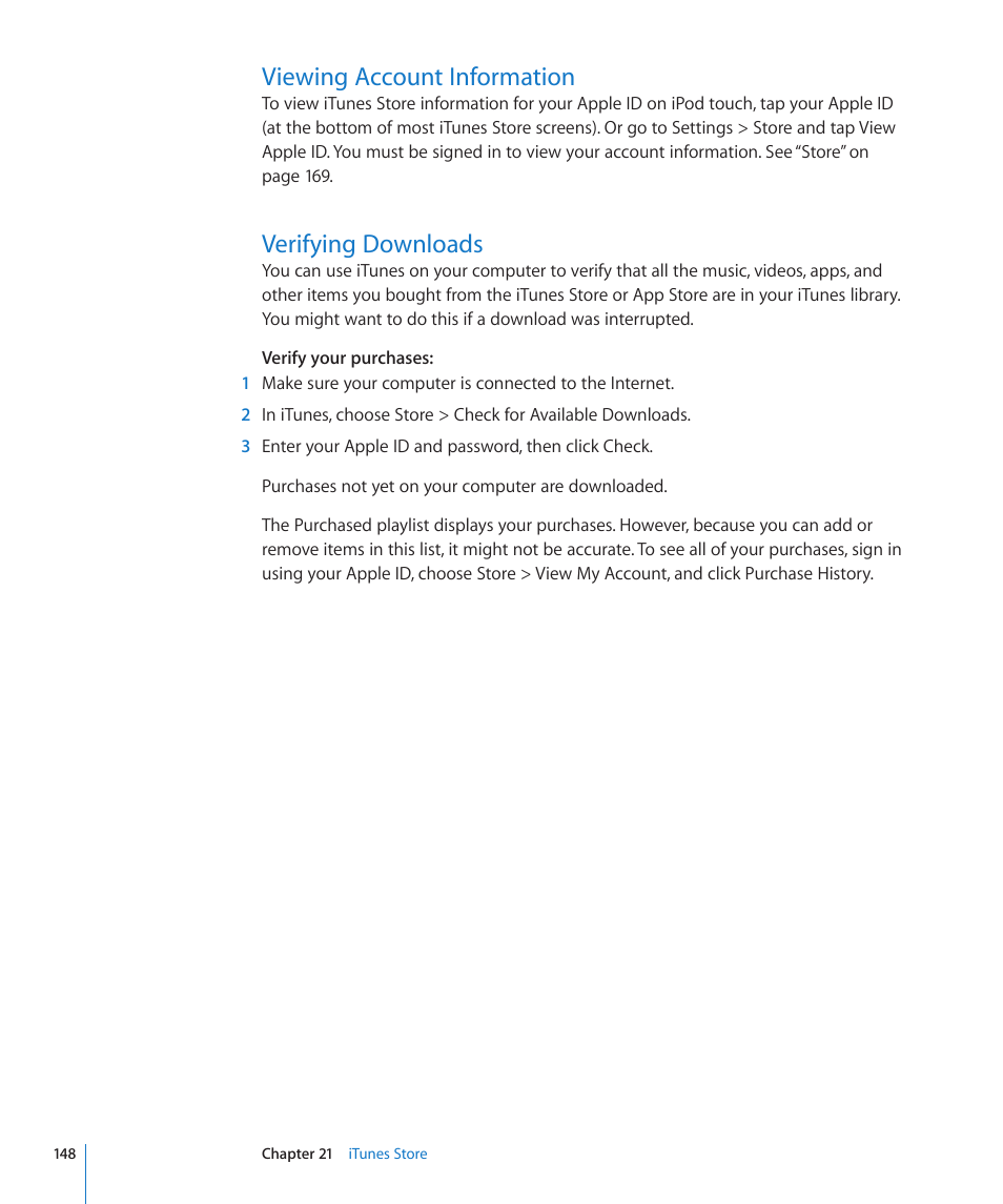Viewing account information, Verifying downloads | Apple iPod touch iOS 4.3 User Manual | Page 148 / 230