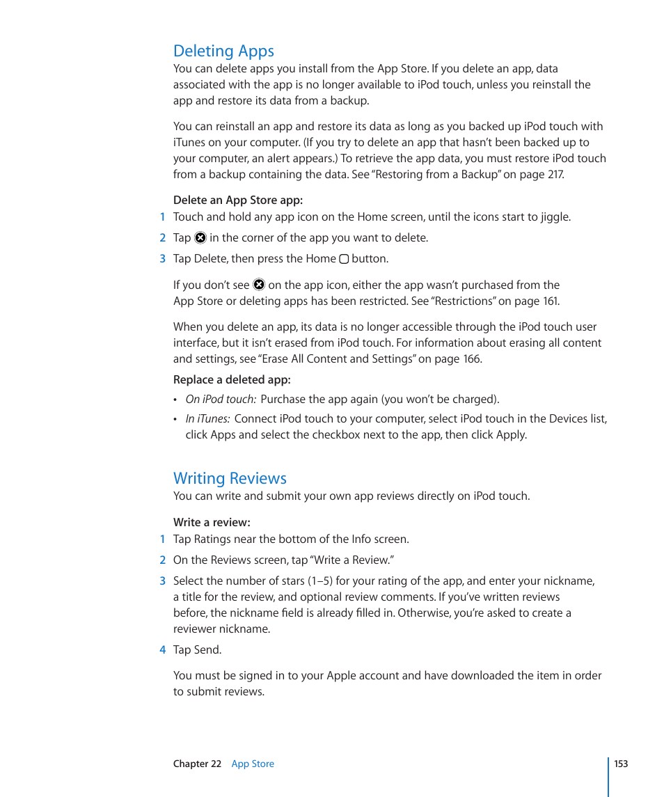 Deleting apps, Writing reviews, 153 deleting apps 153 writing reviews | Apple iPod touch iOS 4.3 User Manual | Page 153 / 230