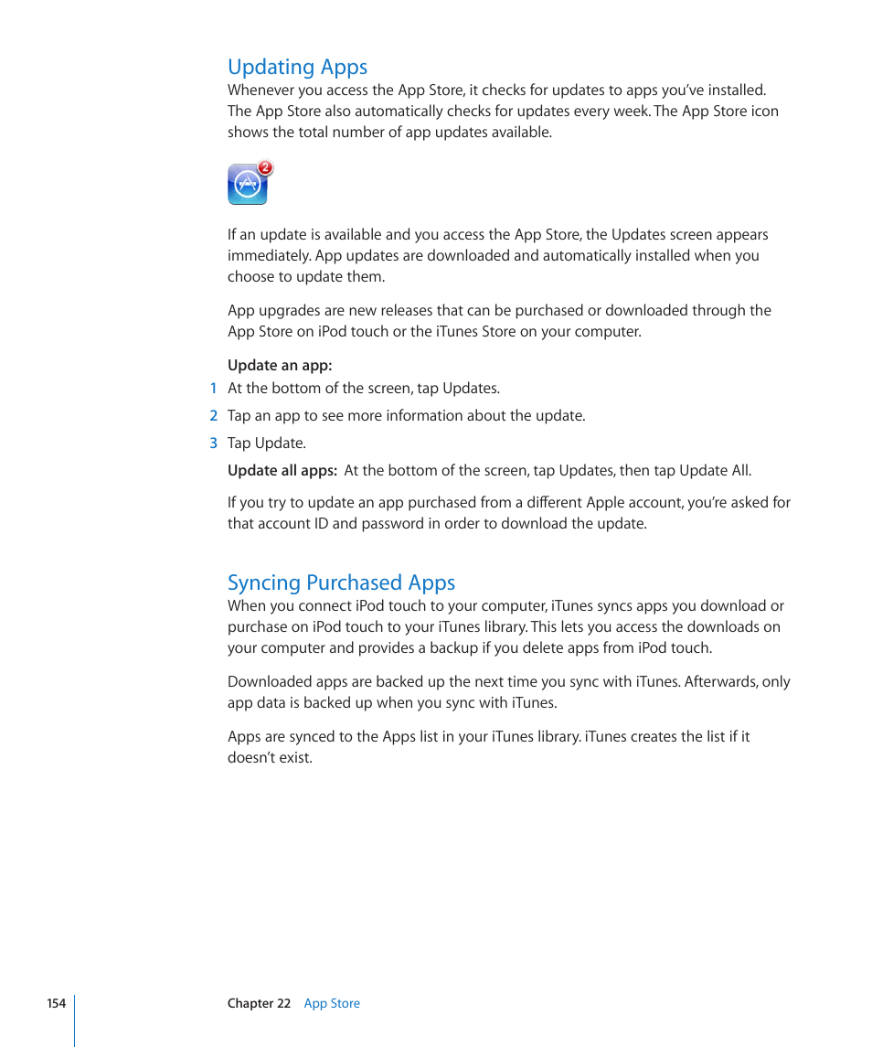Updating apps, Syncing purchased apps, 154 updating apps 154 syncing purchased apps | Apple iPod touch iOS 4.3 User Manual | Page 154 / 230