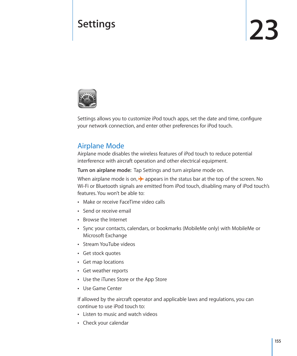 Chapter 23: settings, Airplane mode, 155 airplane mode | Settings | Apple iPod touch iOS 4.3 User Manual | Page 155 / 230
