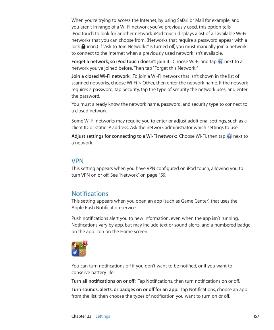 Notifications, 157 vpn 157 notifications | Apple iPod touch iOS 4.3 User Manual | Page 157 / 230