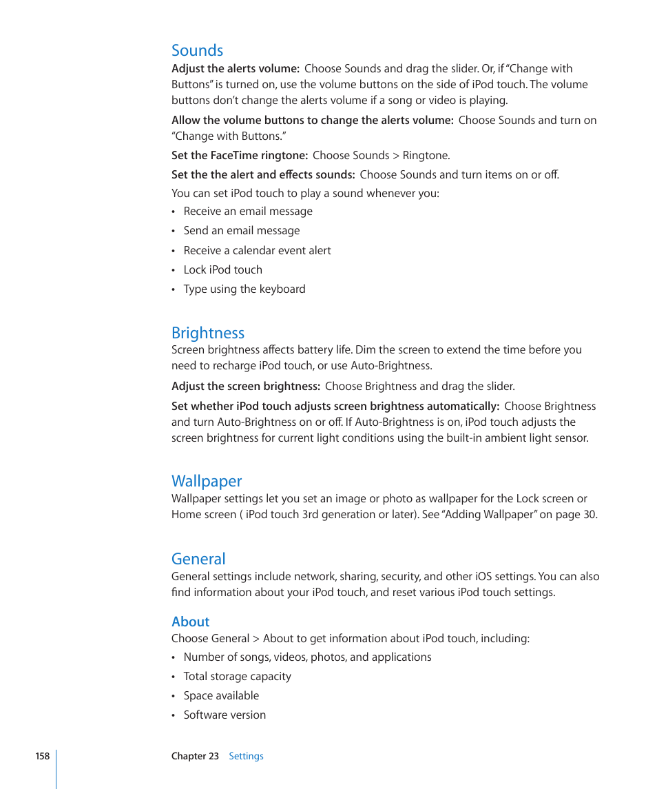 Sounds, Brightness, Wallpaper | General, About | Apple iPod touch iOS 4.3 User Manual | Page 158 / 230