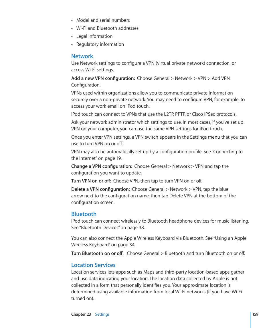 Network, Location services, Bluetooth | Apple iPod touch iOS 4.3 User Manual | Page 159 / 230