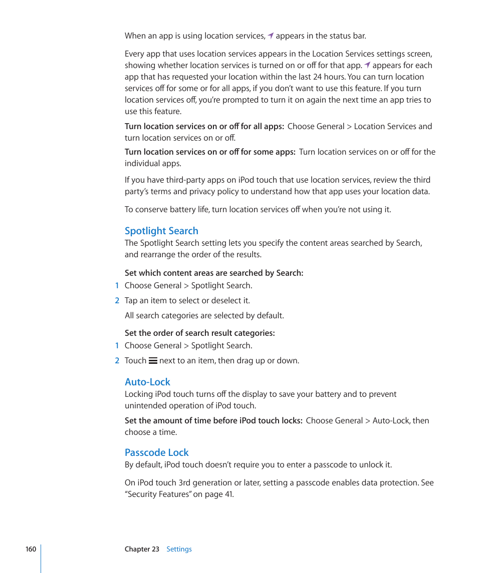 Auto-lock, Passcode lock, Spotlight search | Apple iPod touch iOS 4.3 User Manual | Page 160 / 230