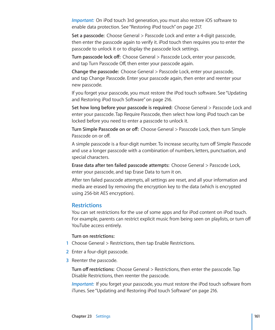Restrictions | Apple iPod touch iOS 4.3 User Manual | Page 161 / 230