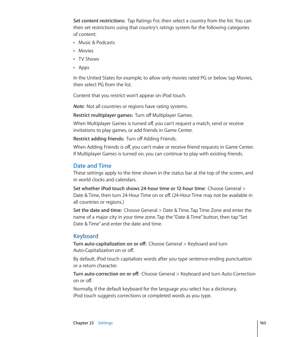 Date and time, Keyboard | Apple iPod touch iOS 4.3 User Manual | Page 163 / 230