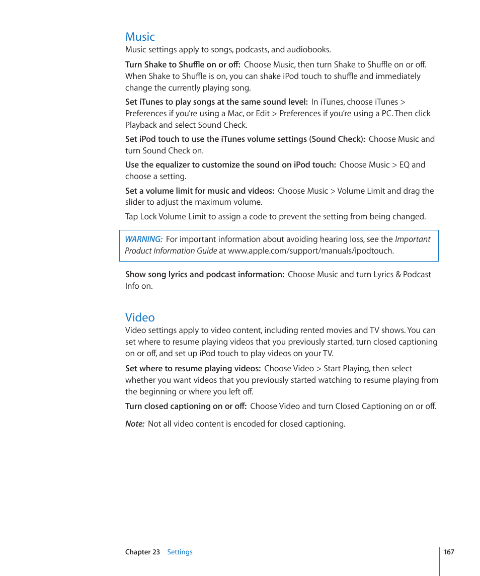 Music, Video, 167 music 167 video | Apple iPod touch iOS 4.3 User Manual | Page 167 / 230
