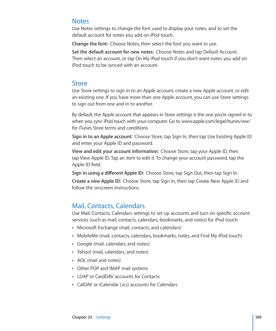 Notes, Store, Mail, contacts, calendars | 169 notes 169 store 169 mail, contacts, calendars | Apple iPod touch iOS 4.3 User Manual | Page 169 / 230