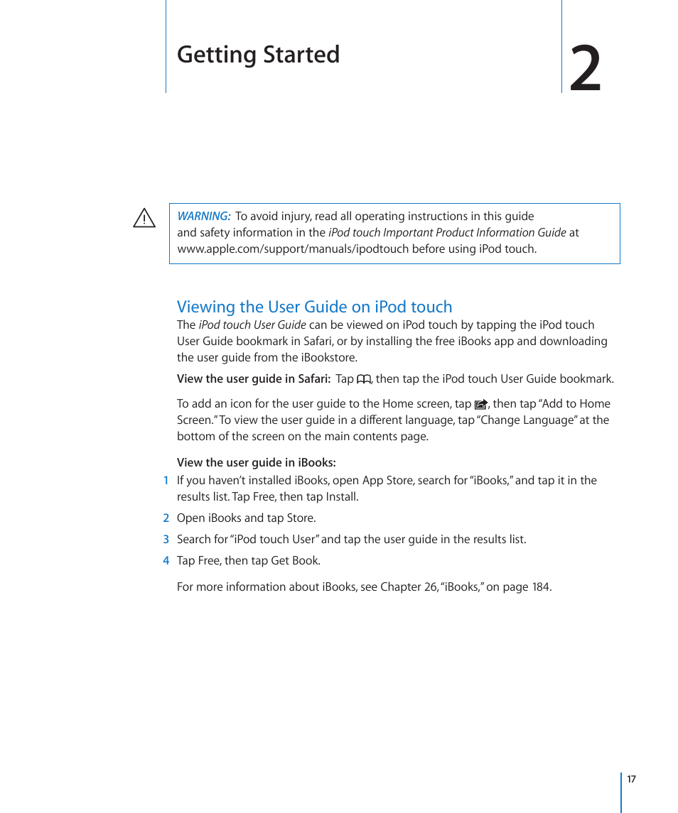Chapter 2: getting started, Viewing the user guide on ipod touch, Getting started | Apple iPod touch iOS 4.3 User Manual | Page 17 / 230