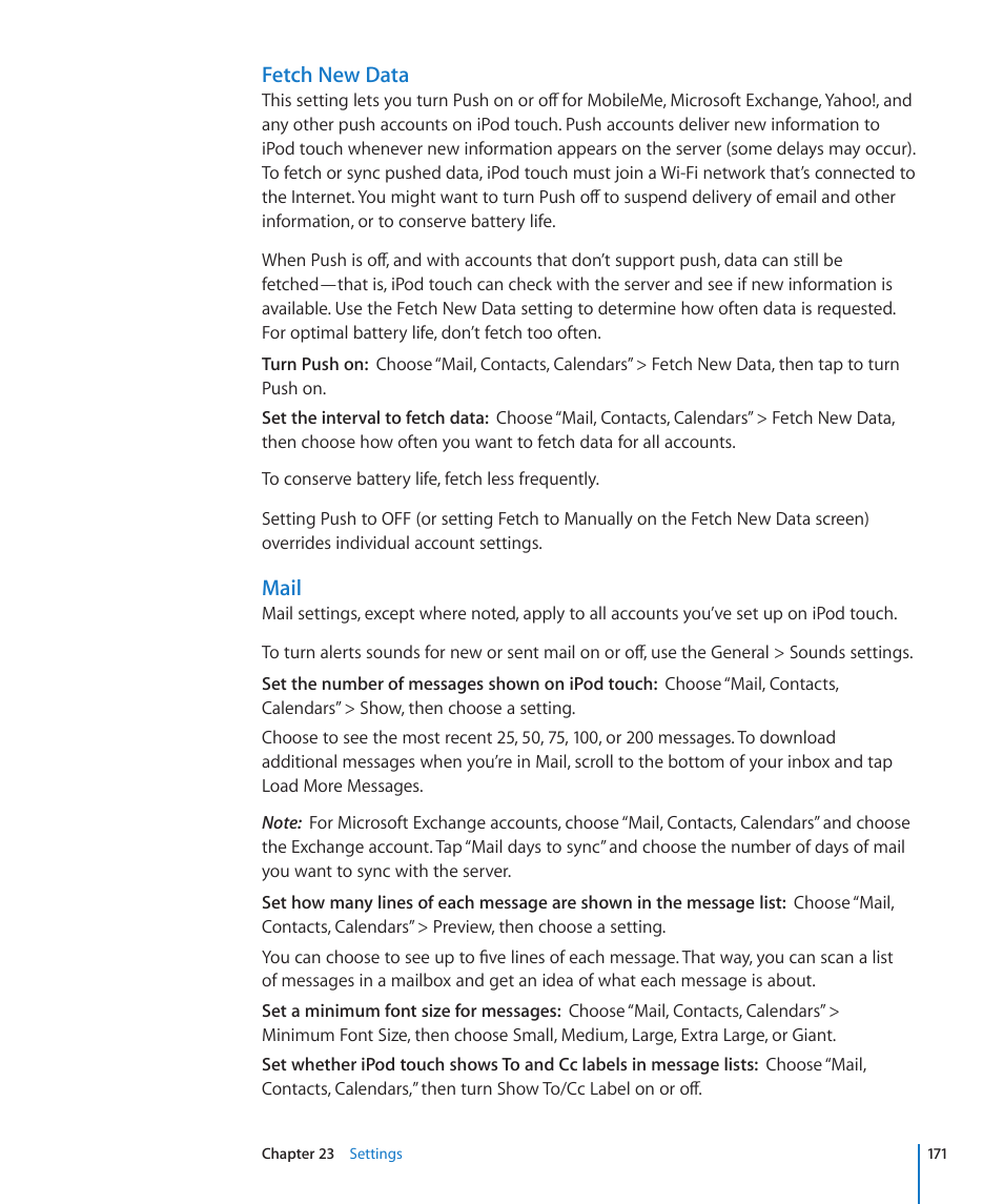 Fetch new data, Mail | Apple iPod touch iOS 4.3 User Manual | Page 171 / 230