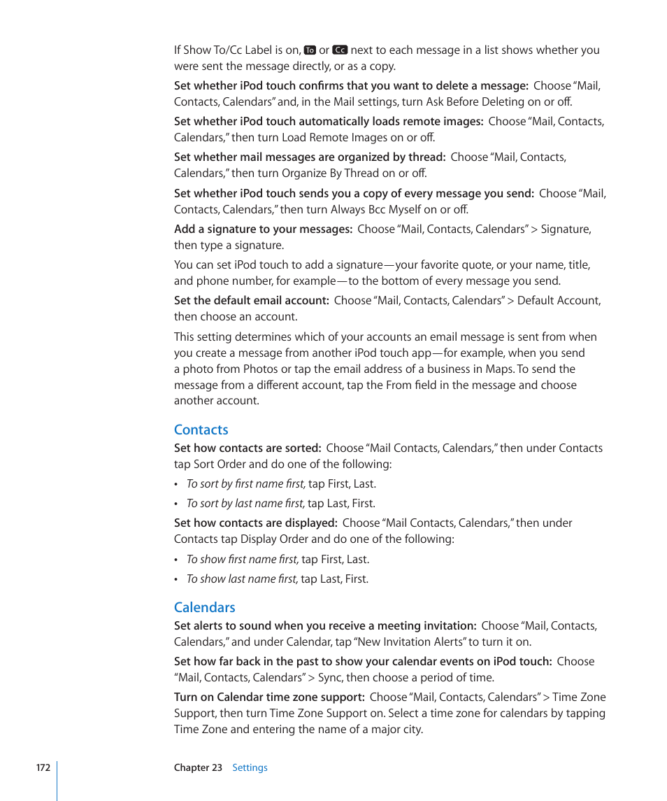 Calendars, Contacts | Apple iPod touch iOS 4.3 User Manual | Page 172 / 230