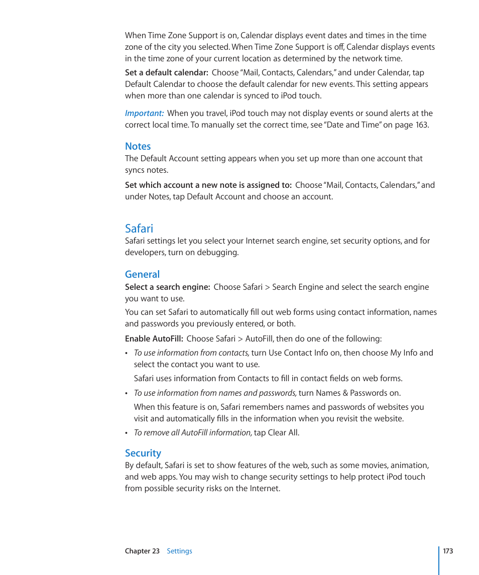 Safari, 173 safari, General | Security | Apple iPod touch iOS 4.3 User Manual | Page 173 / 230