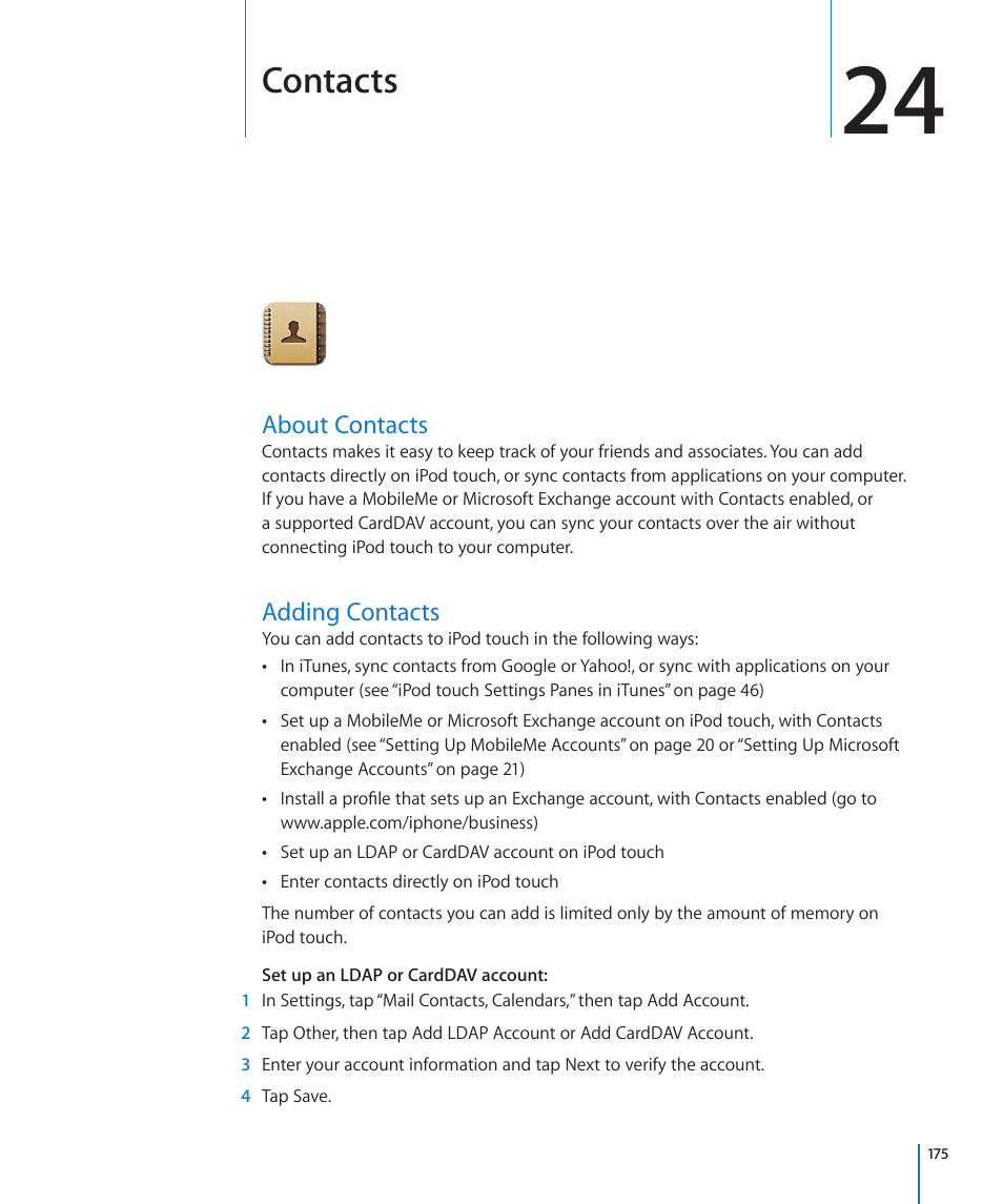 Chapter 24: contacts, About contacts, Adding contacts | 175 about contacts 175 adding contacts, Contacts | Apple iPod touch iOS 4.3 User Manual | Page 175 / 230