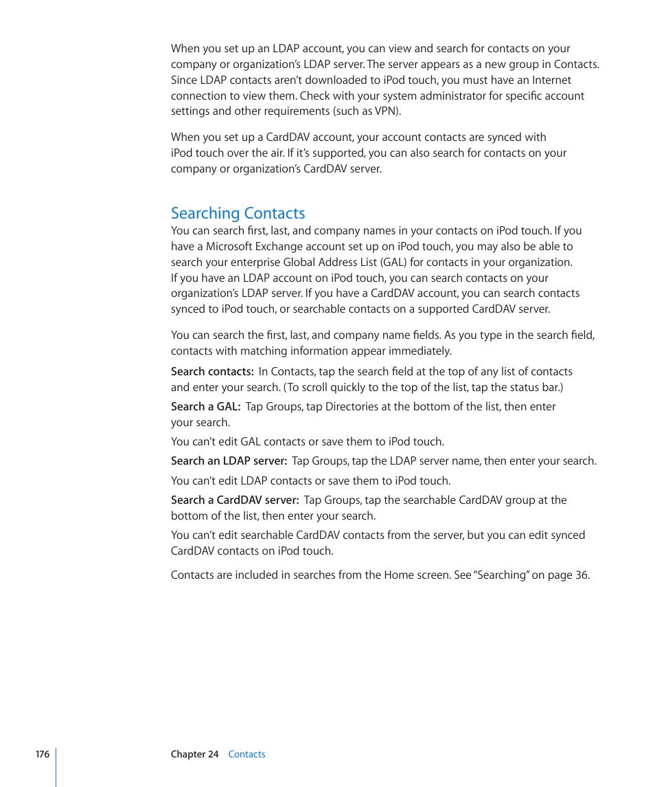Searching contacts, 176 searching contacts | Apple iPod touch iOS 4.3 User Manual | Page 176 / 230