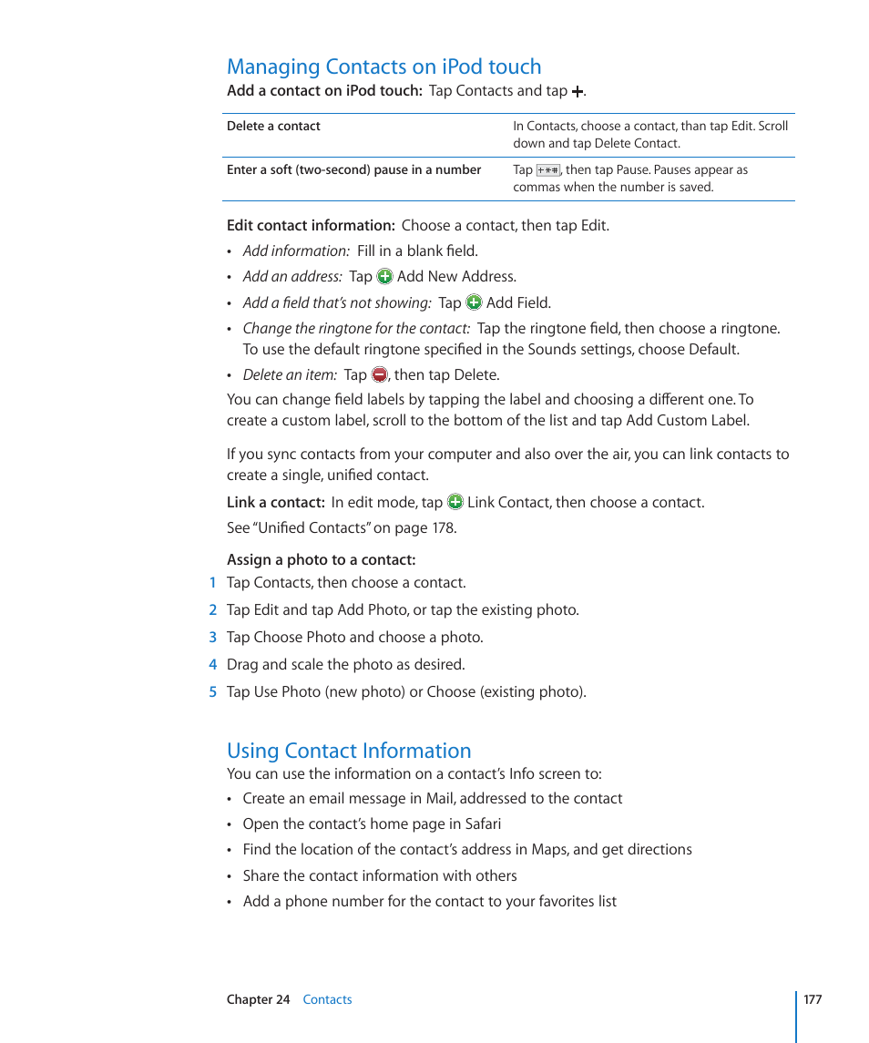 Managing contacts on ipod touch, Using contact information | Apple iPod touch iOS 4.3 User Manual | Page 177 / 230