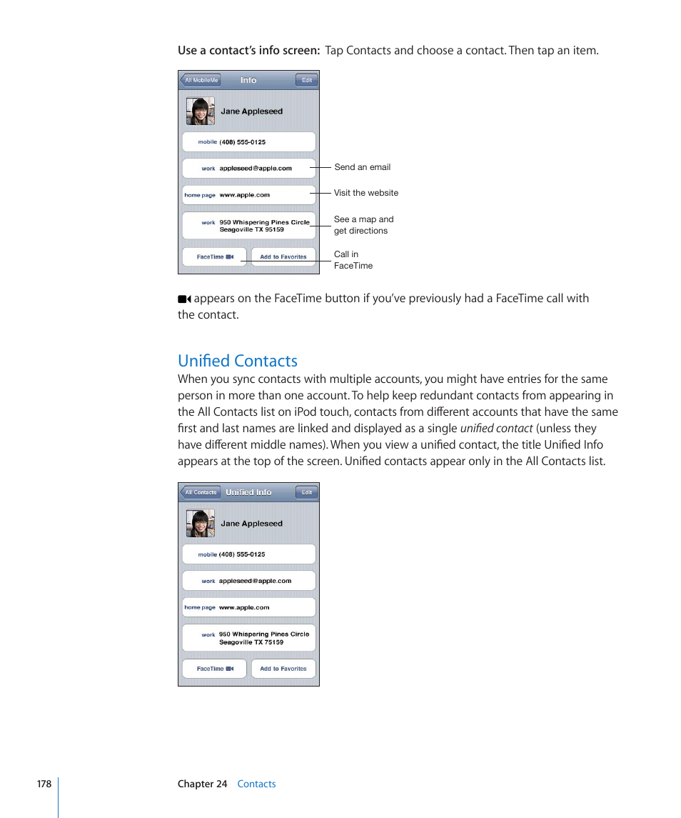 Unified contacts, 178 unified contacts | Apple iPod touch iOS 4.3 User Manual | Page 178 / 230